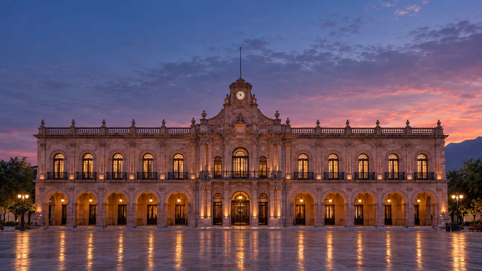 Palacio de cantera con portales y torre de reloj, iluminado a la hora azul frente a una plaza