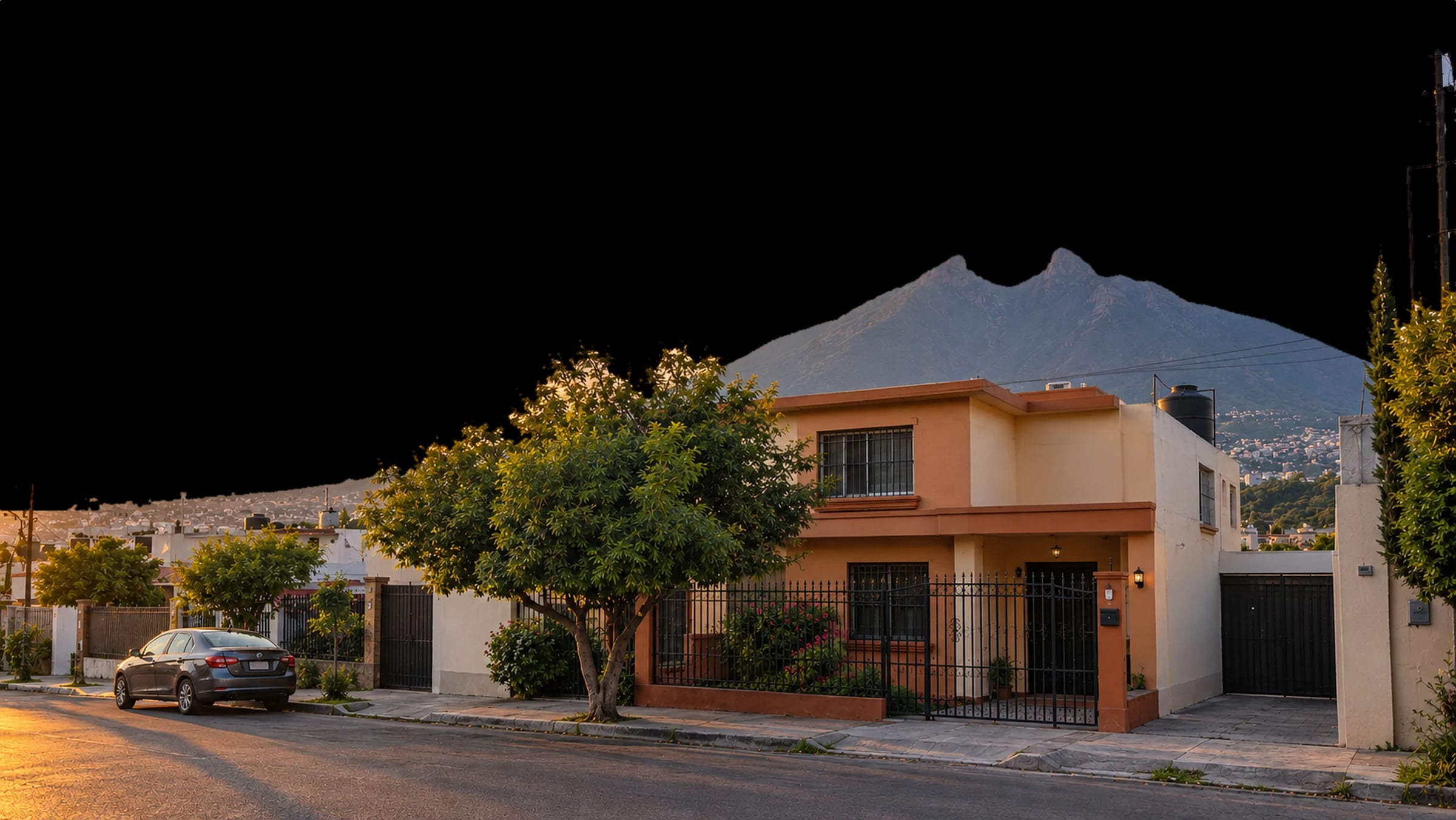 Casa de dos pisos en una colonia de Monterrey al atardecer, con el Cerro de la Silla al fondo